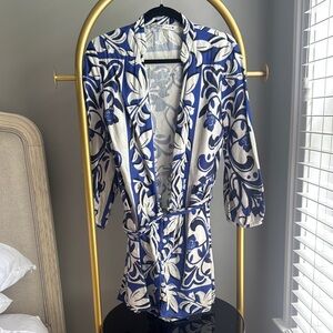Zara Blue and White Mini Dress with Bold Floral Design